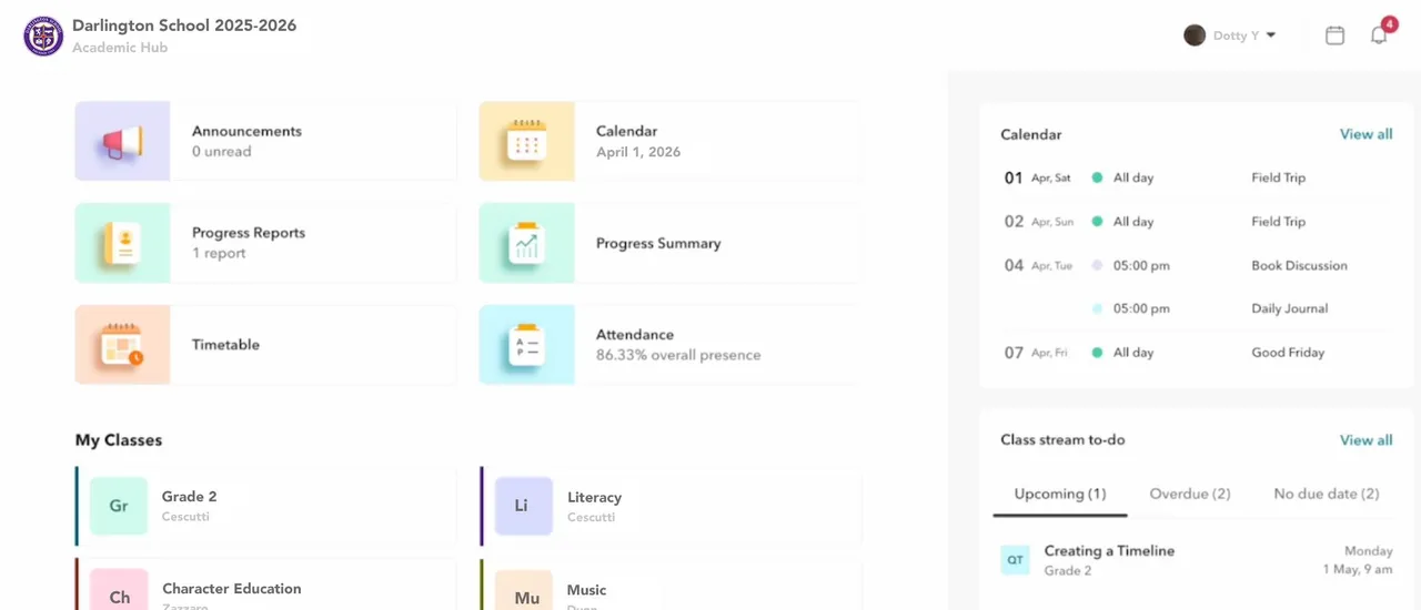 A preview of the new academic landing page in Toddle.