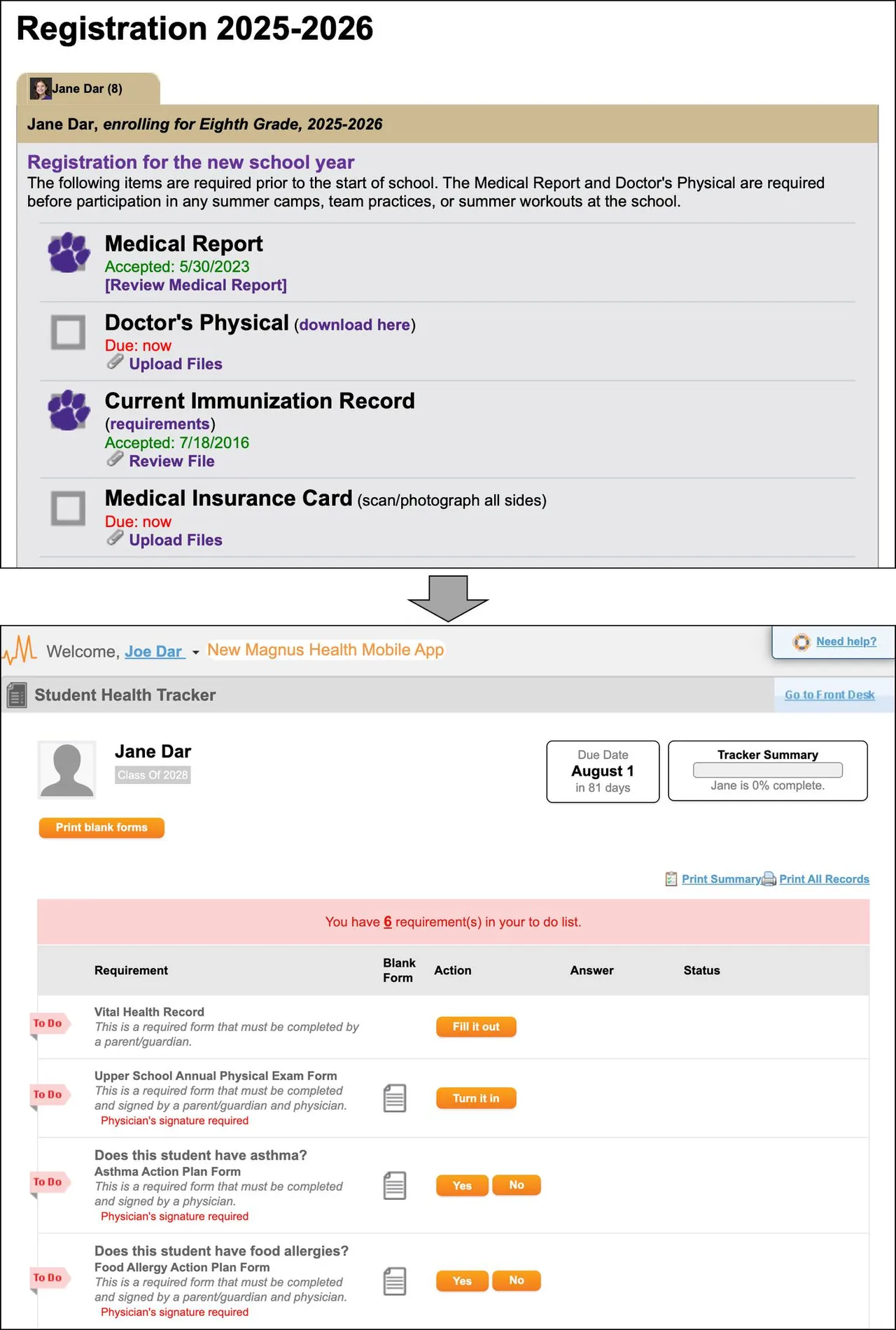 Our previous way of collecting health information is shown first, followed by a preview of Magnus' "to-do list". Parents will start using this new system soon. Similar information will still be collected but with a different look and feel.