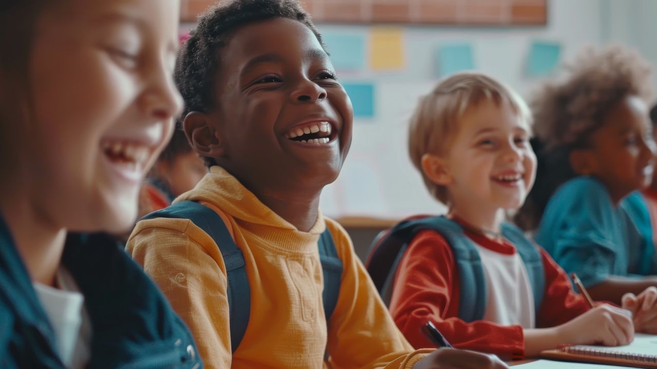 Child laughing in classroom with backpack on